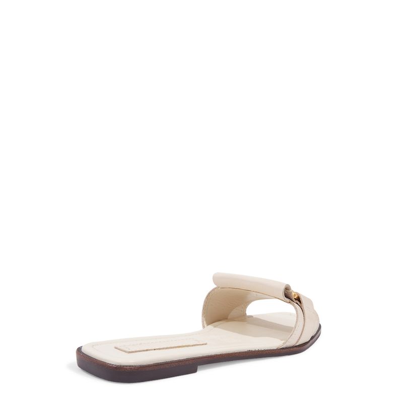Rasteira Couro Flat Bico Quadrado Tira Larga Off White