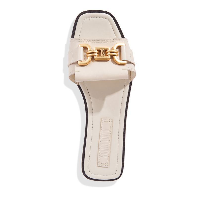 Rasteira Couro Flat Bico Quadrado Tira Larga Off White