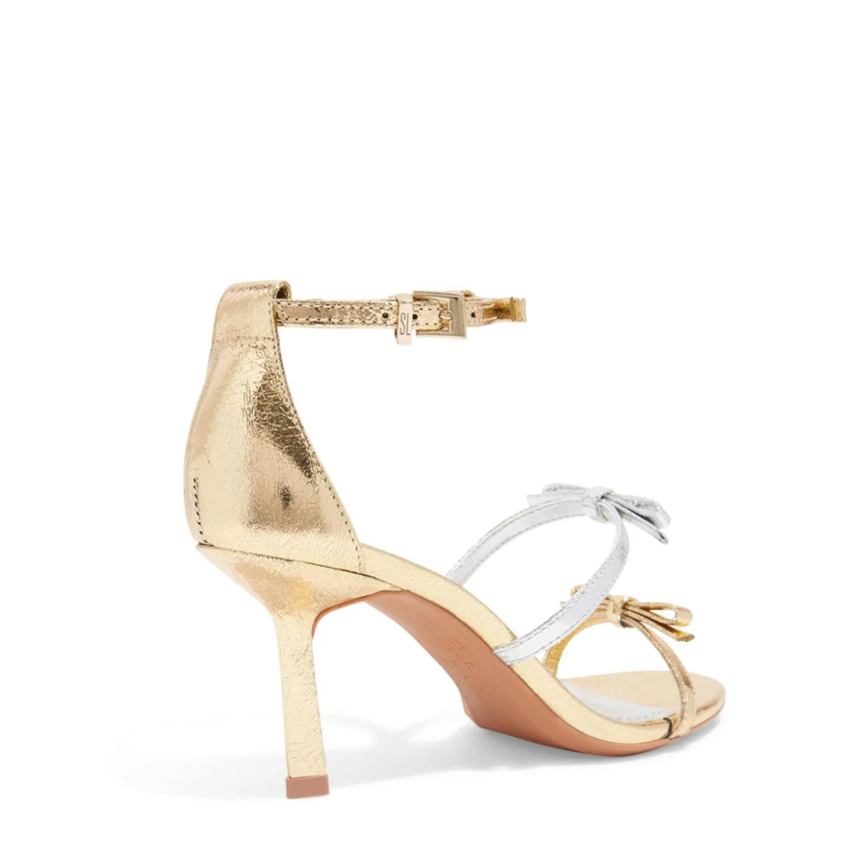 Sandália Couro Craquele Soft Salto Fino Dourado