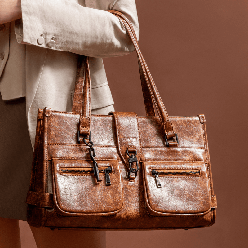 Bolsa Grande Material Rustico Marrom Alça De Ombro -