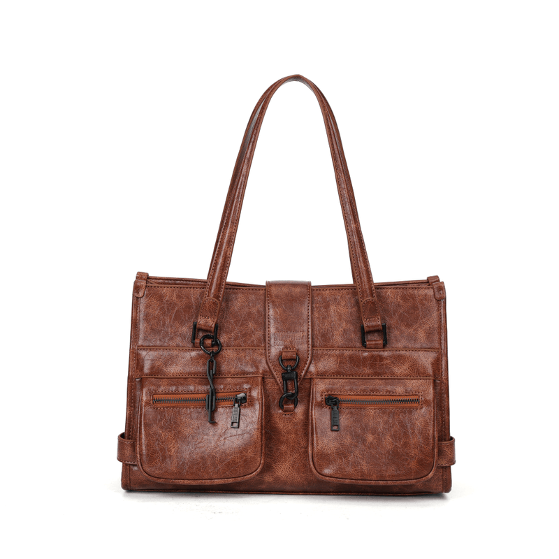 Bolsa Grande Material Rustico Marrom Alça De Ombro -