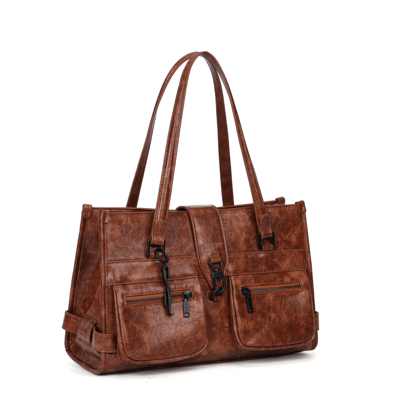 Bolsa Grande Material Rustico Marrom Alça De Ombro -