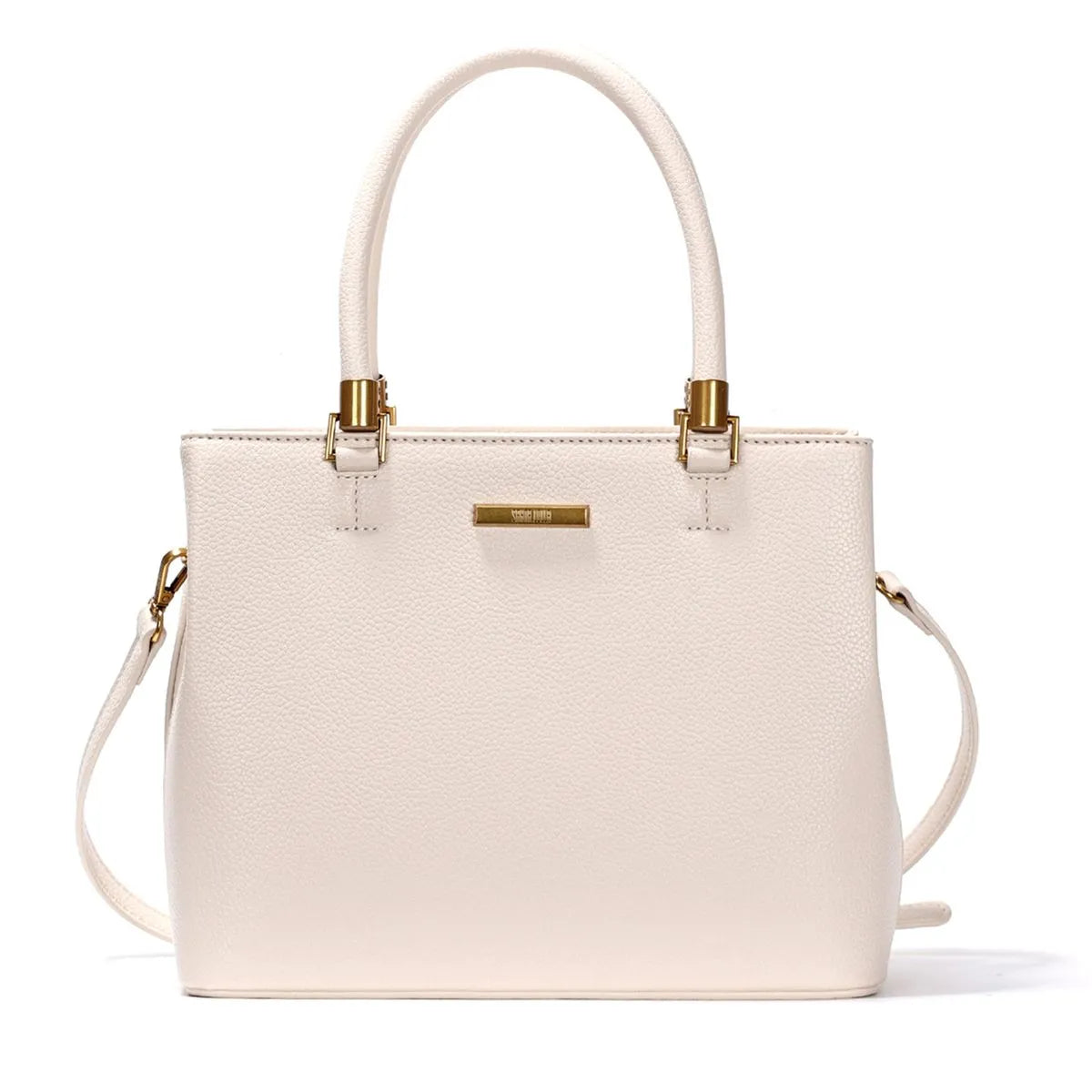 Bolsa Estruturada Média Lisa Transversal Off White com Detalhes Dourados