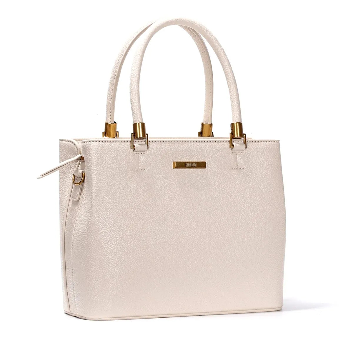 Bolsa Estruturada Média Lisa Transversal Off White com Detalhes Dourados