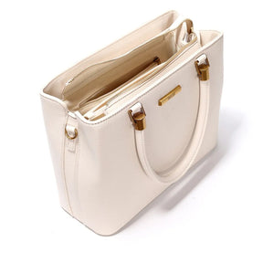 Bolsa Estruturada Média Lisa Transversal Off White com Detalhes Dourados