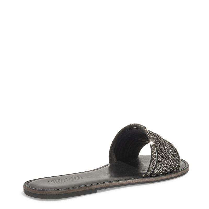 Rasteira Flat Preto Tiras Strass Brilhos