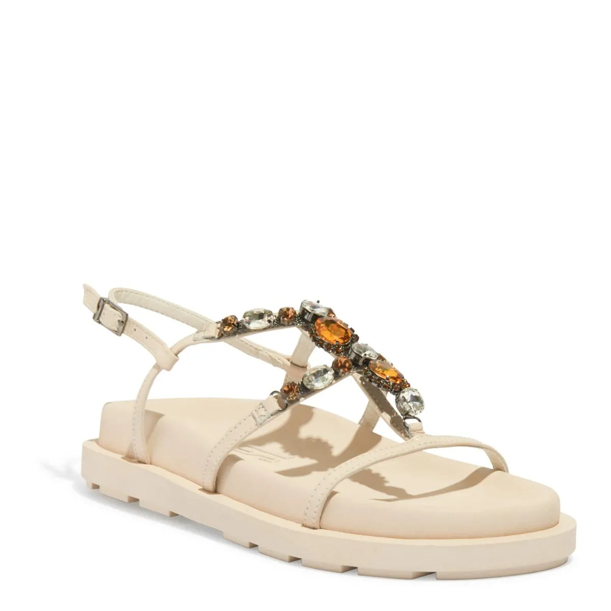 Sandália Papete Tratorada Couro Pedraria Off White