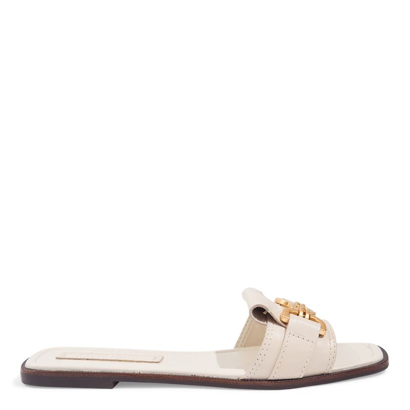 Rasteira Couro Flat Bico Quadrado Tira Larga Off White