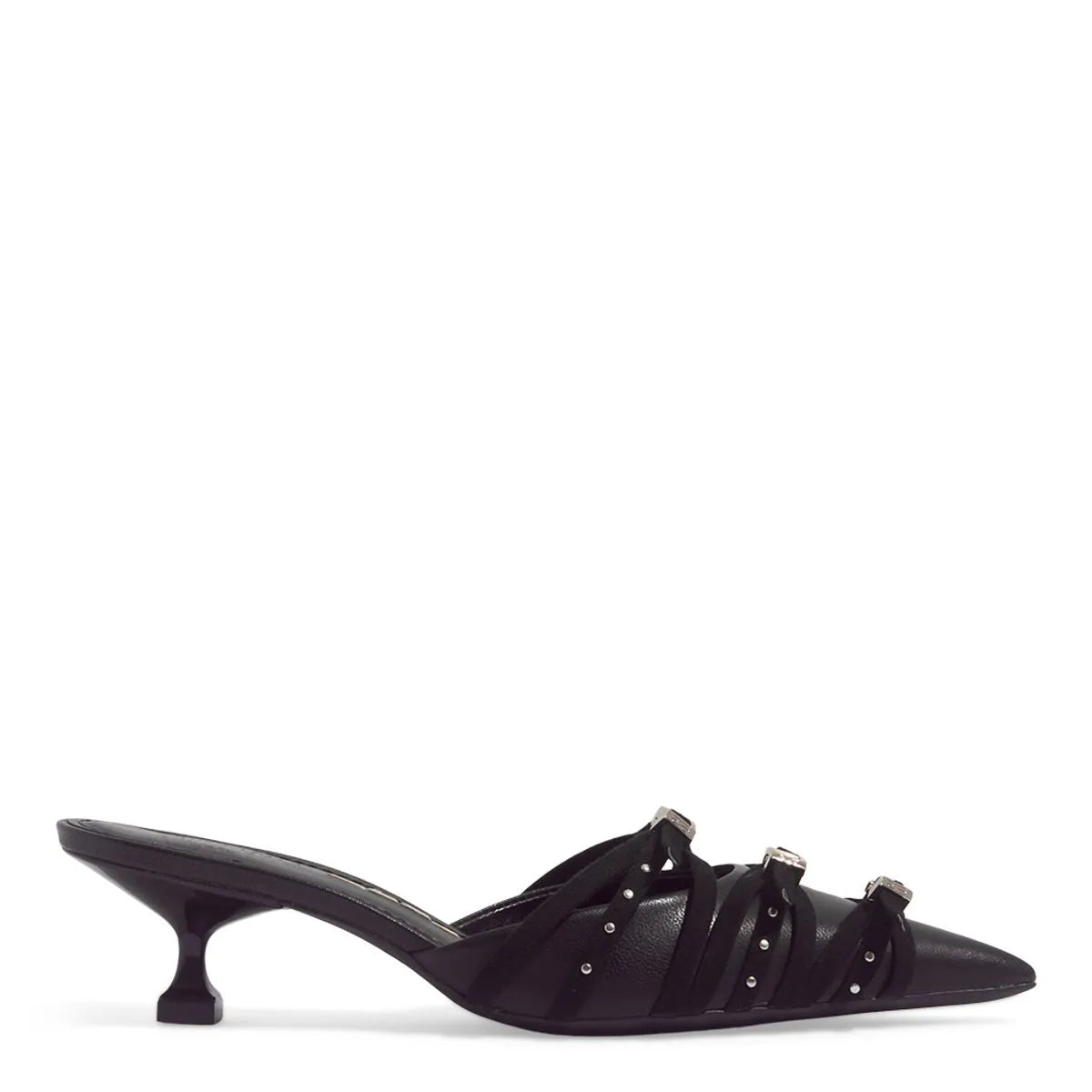 Mule Couro Pelica Premium Preto Bico Fino Salto Baixo