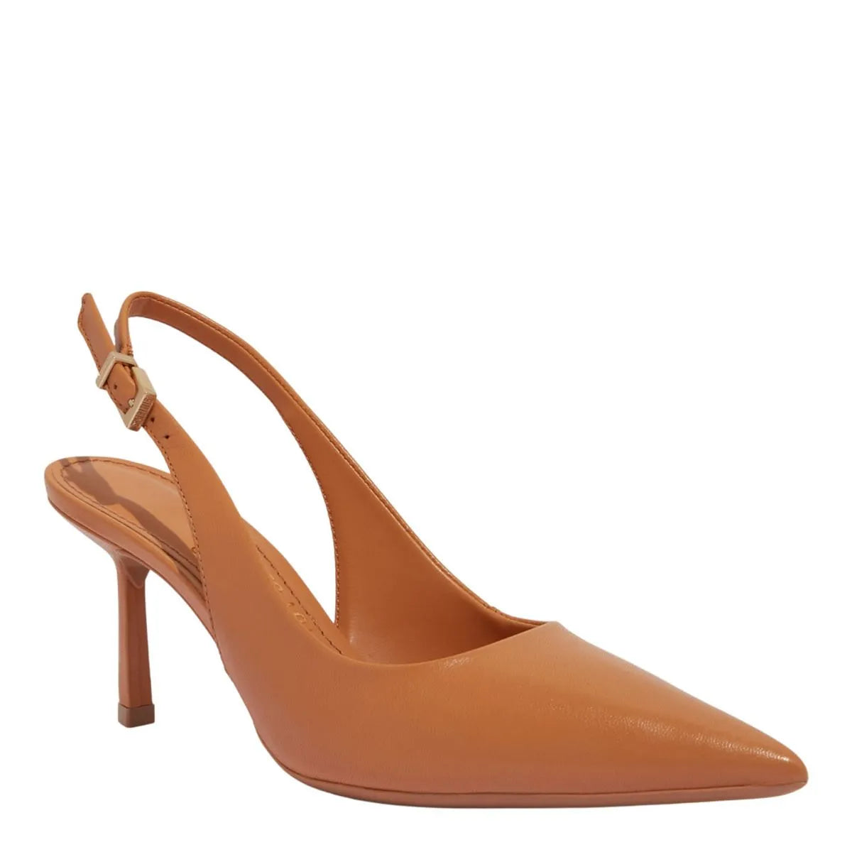 Scarpin Slingback Couro Pelica Caramelo Bico Fino Salto Alto Fino