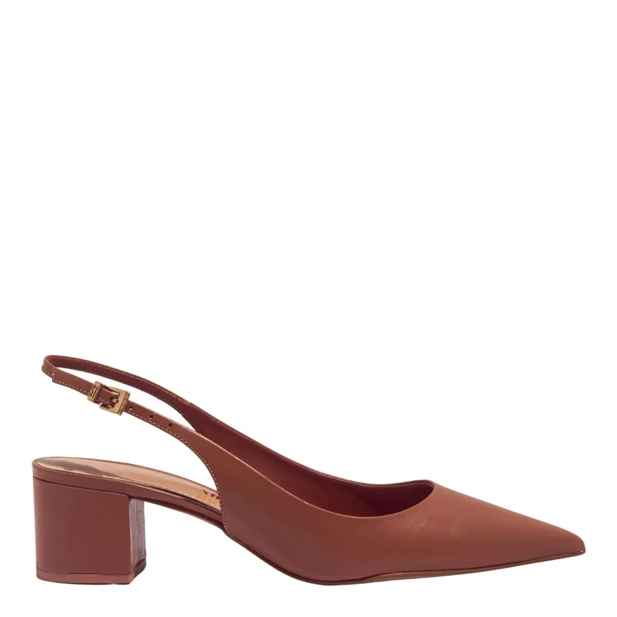 Scarpin Slingback Couro Confort Marrom Bico Fino Salto Bloco