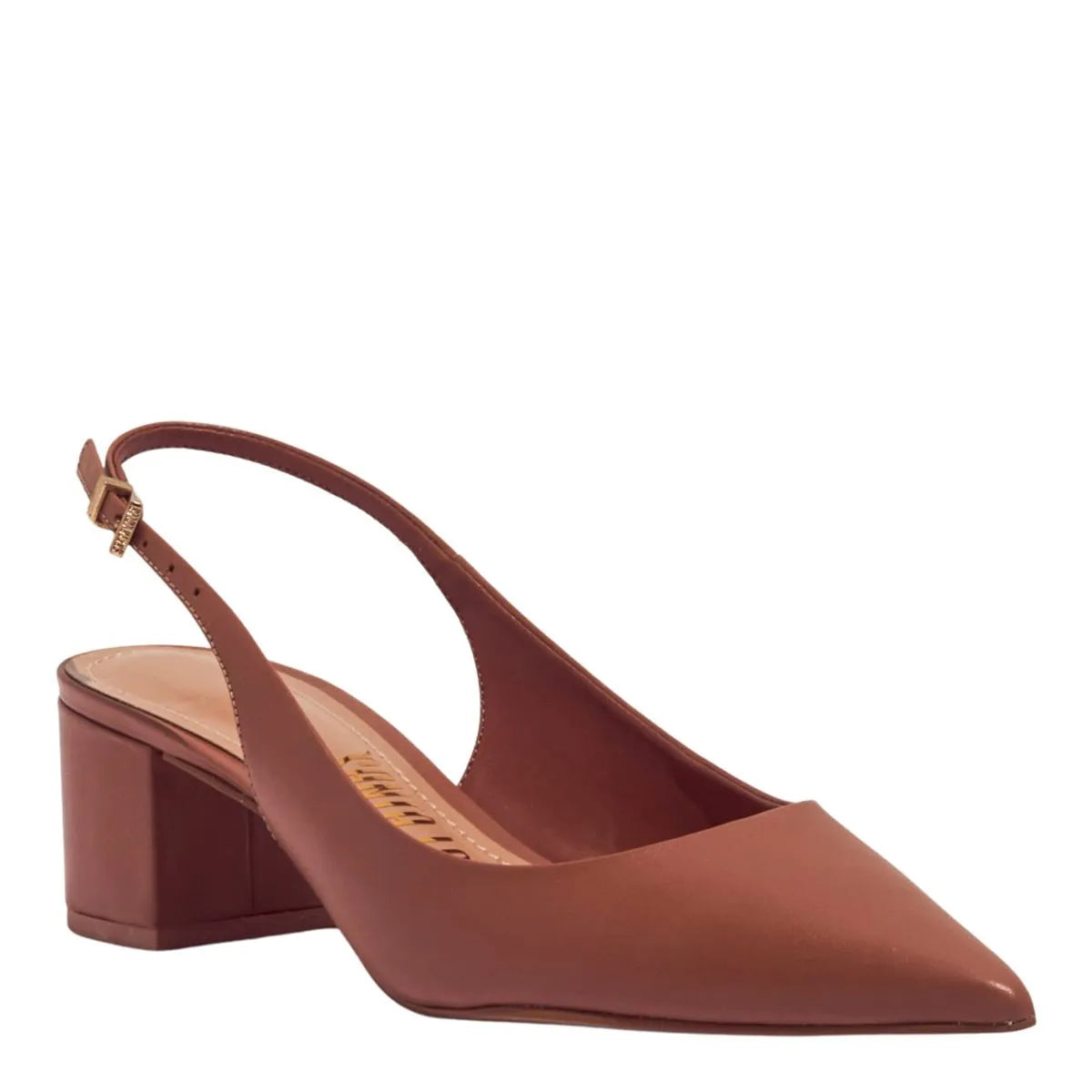 Scarpin Slingback Couro Confort Marrom Bico Fino Salto Bloco