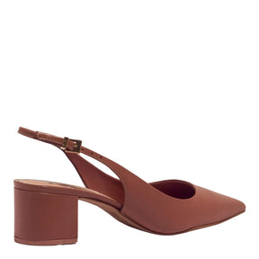 Scarpin Slingback Couro Confort Marrom Bico Fino Salto Bloco