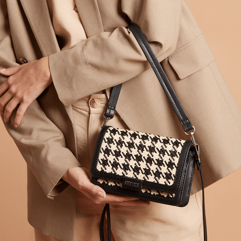 Bolsa Pequena Tramado Pied Poule Preta Alça De Ombro -
