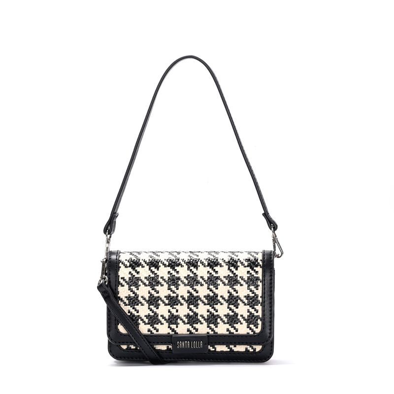 Bolsa Pequena Tramado Pied Poule Preta Alça De Ombro -