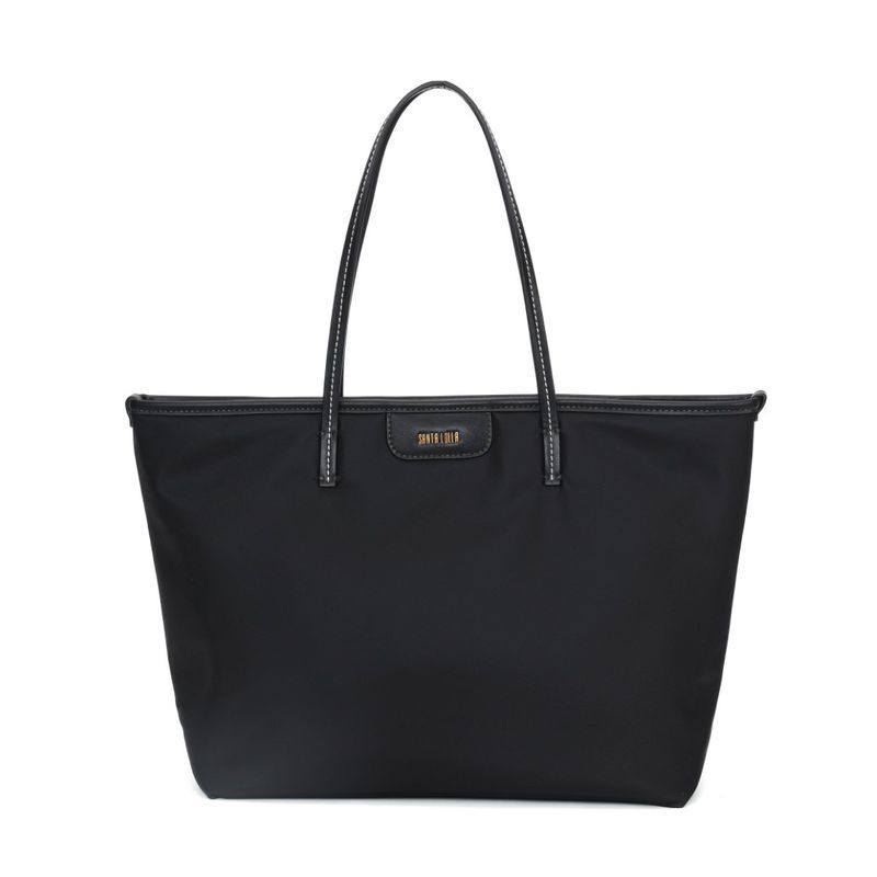 Bolsa Shopper Nylon Preta Pespontos Branco Alça De Ombro -