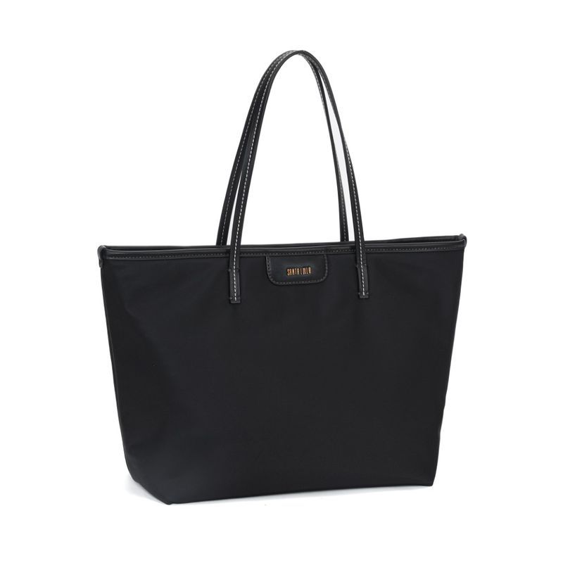 Bolsa Shopper Nylon Preta Pespontos Branco Alça De Ombro -