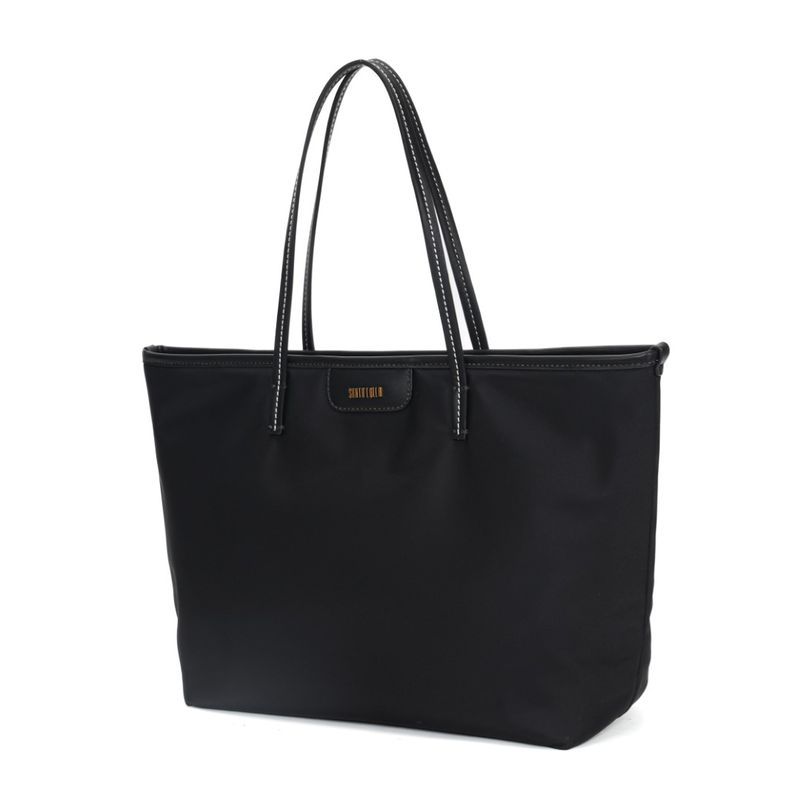 Bolsa Shopper Nylon Preta Pespontos Branco Alça De Ombro -